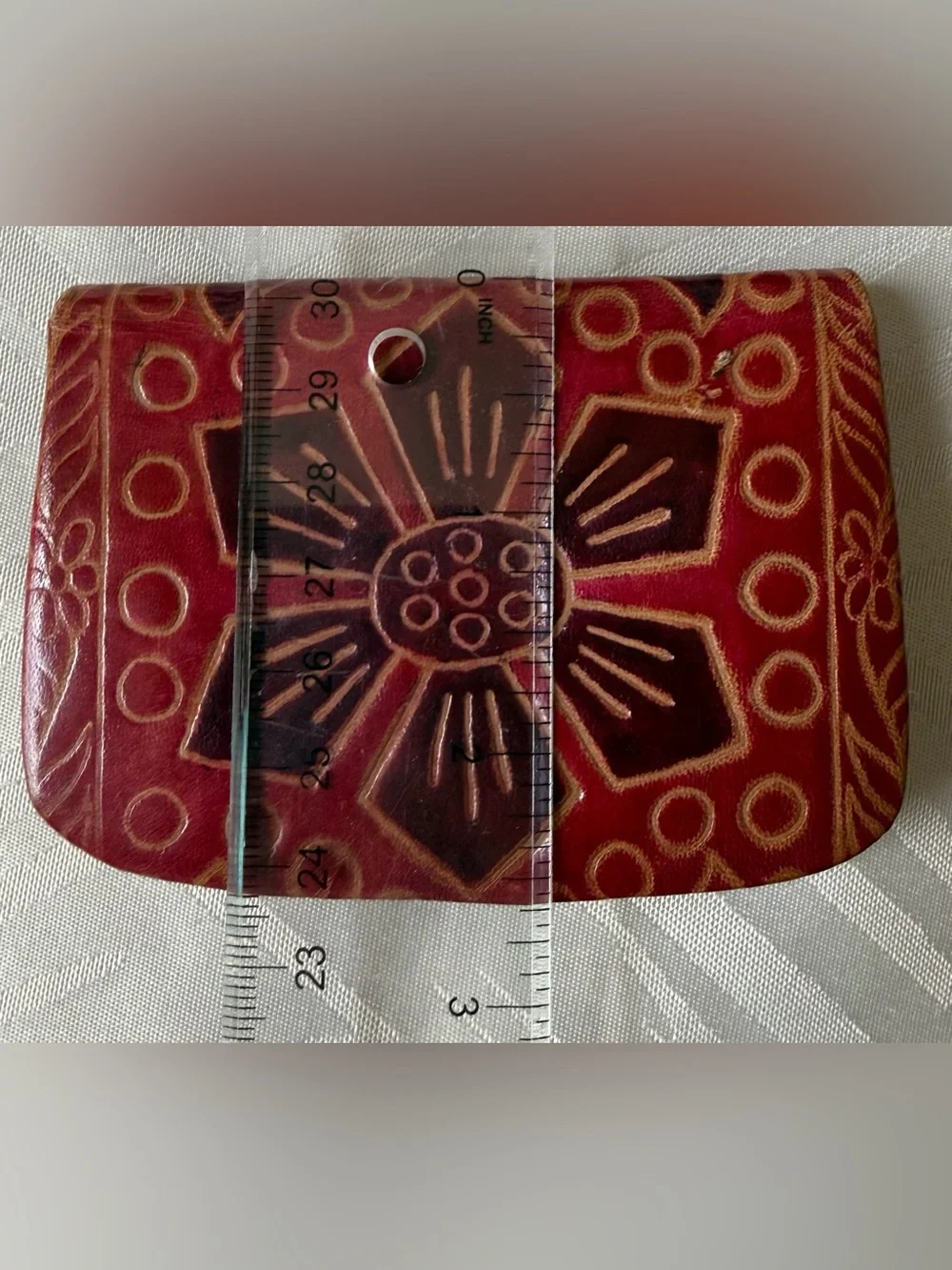 Handcrafted Red and Brown Leather Heart Coin Purse Tooled
